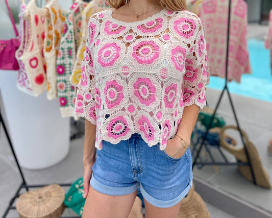 🌻Haut Crochet Bohème – Éclat Estival en Jaune & Blanc