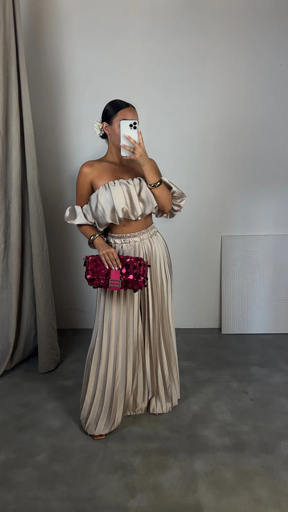 Ensemble d’été chic pour femme – Haut à volants + Pantalon plissé