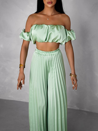 Ensemble d’été chic pour femme – Haut à volants + Pantalon plissé